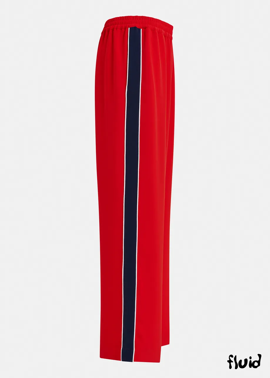 Red and dark blue wide-leg pants with contrast border