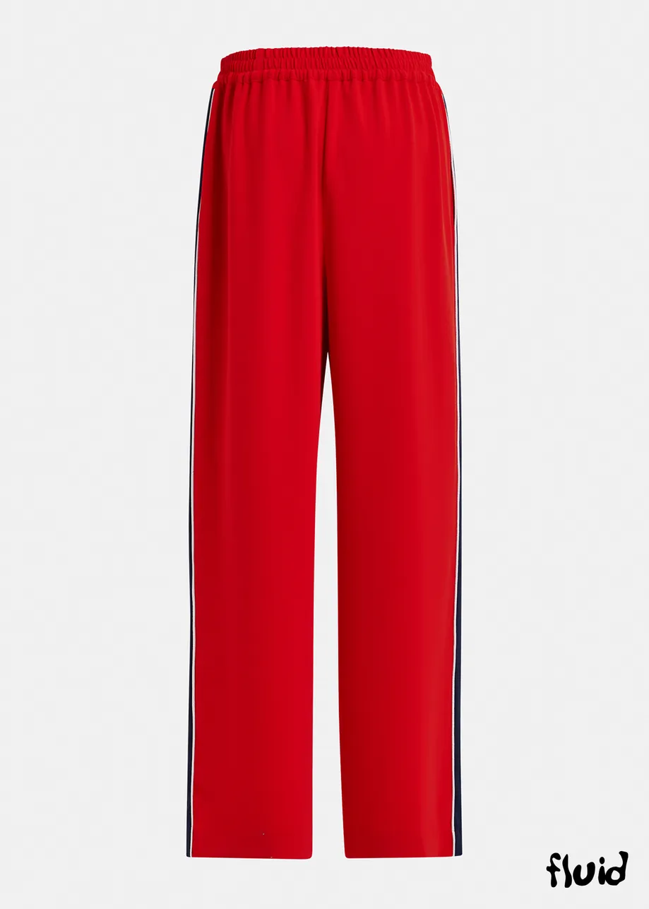 Red and dark blue wide-leg pants with contrast border