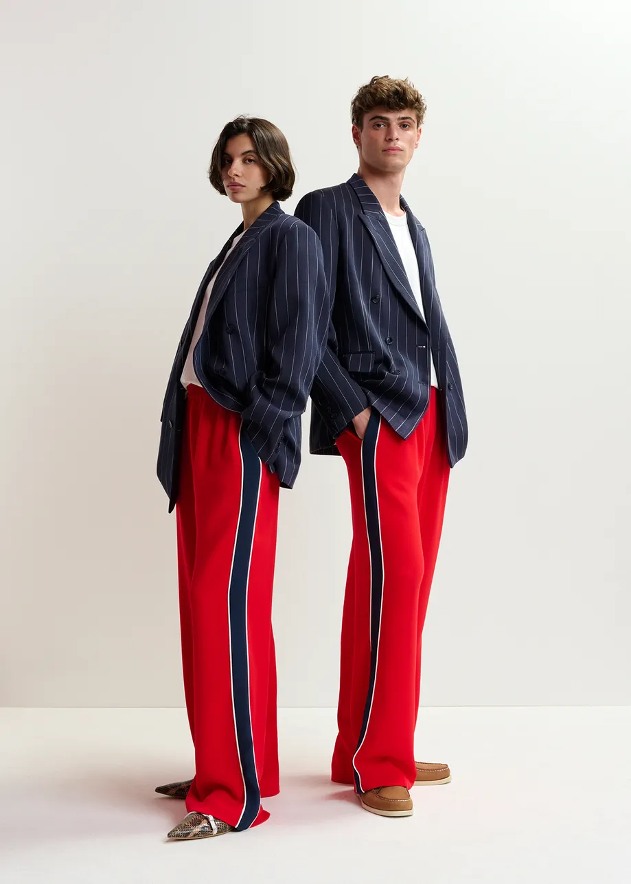 Red and dark blue wide-leg pants with contrast border