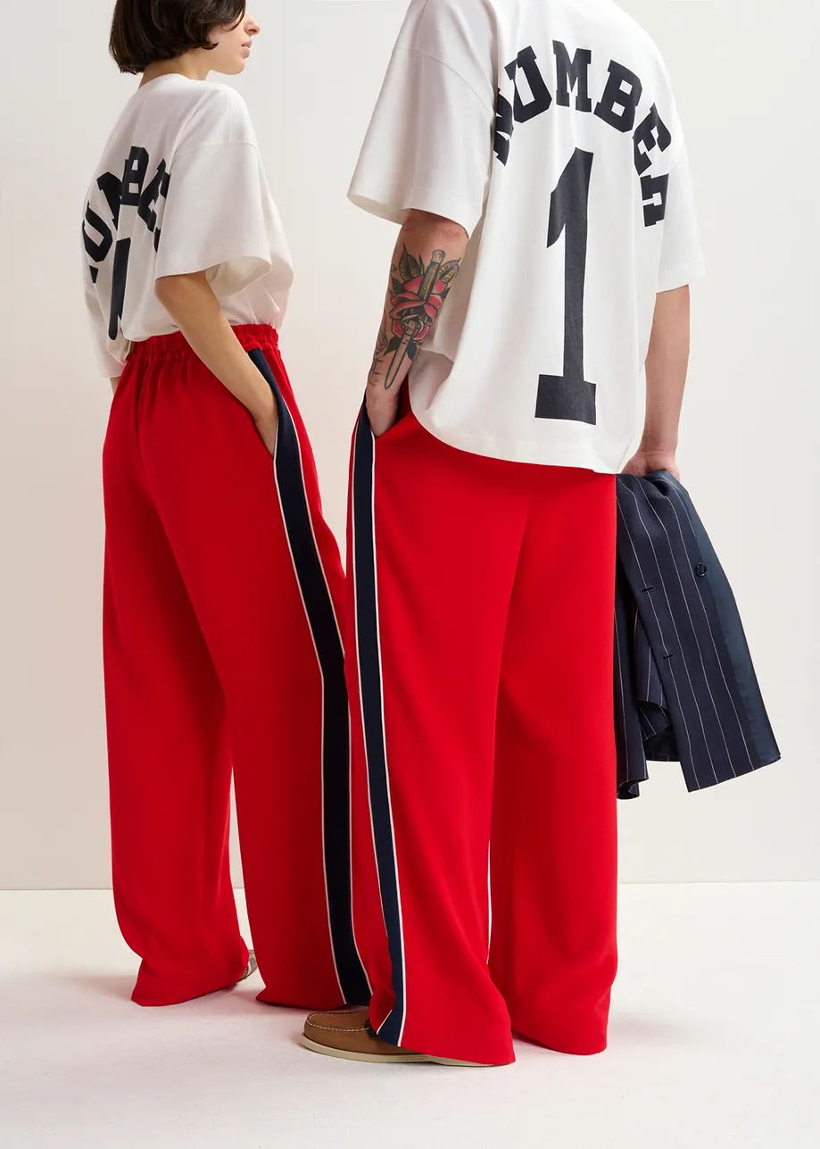 Red and dark blue wide-leg pants with contrast border