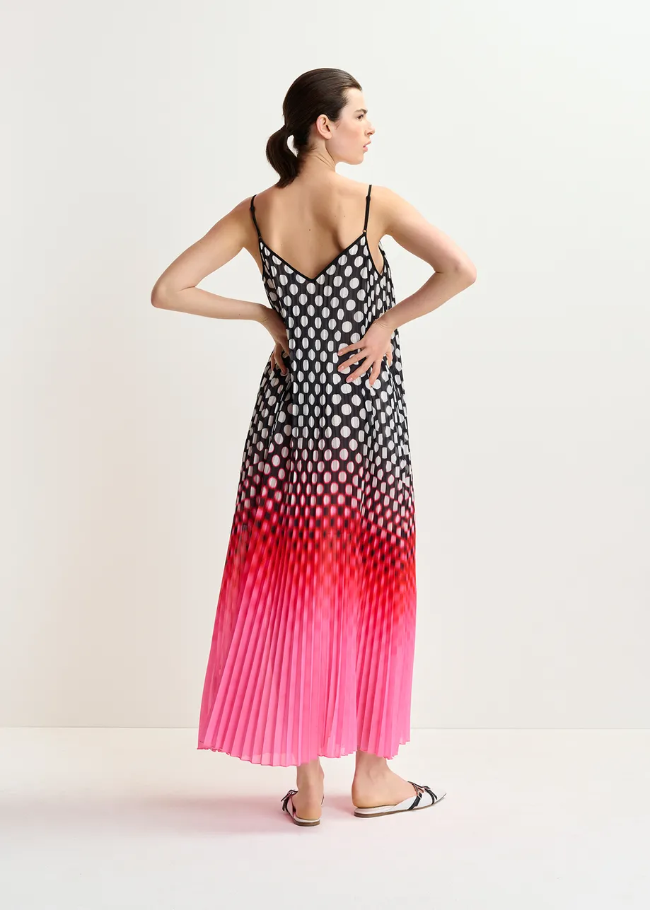 Multicolor plissé slip dress with polka dot print with a tie-dye effect