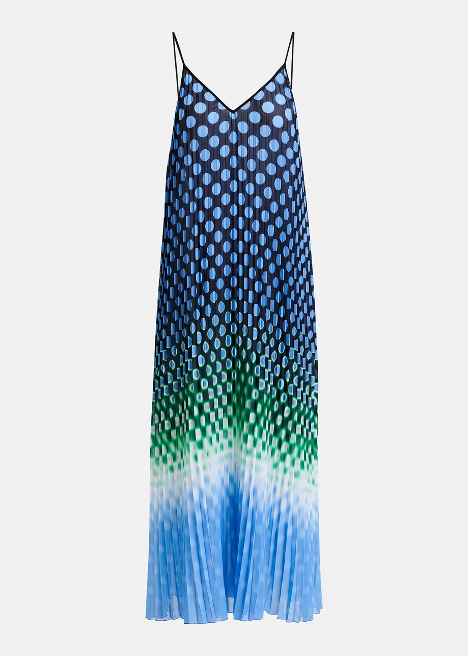 Multicolor plissé slip dress with polka dot print with a tie-dye effect