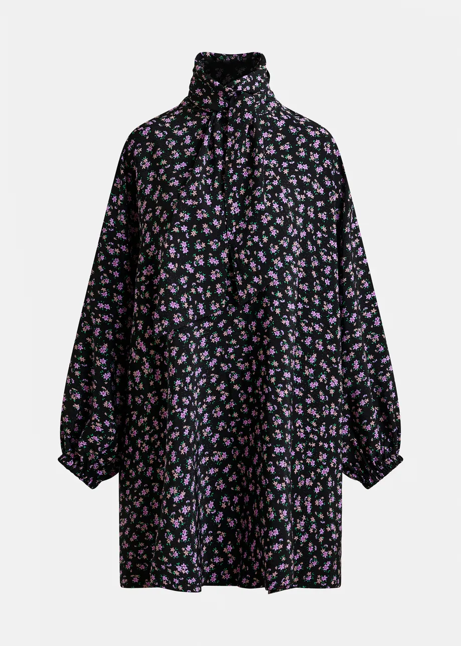 Black, purple and green printed mini dress with pussy bow tie