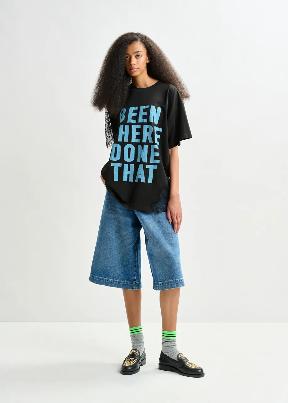 Zwart en blauw T-shirt van grafisch katoen met kanten details