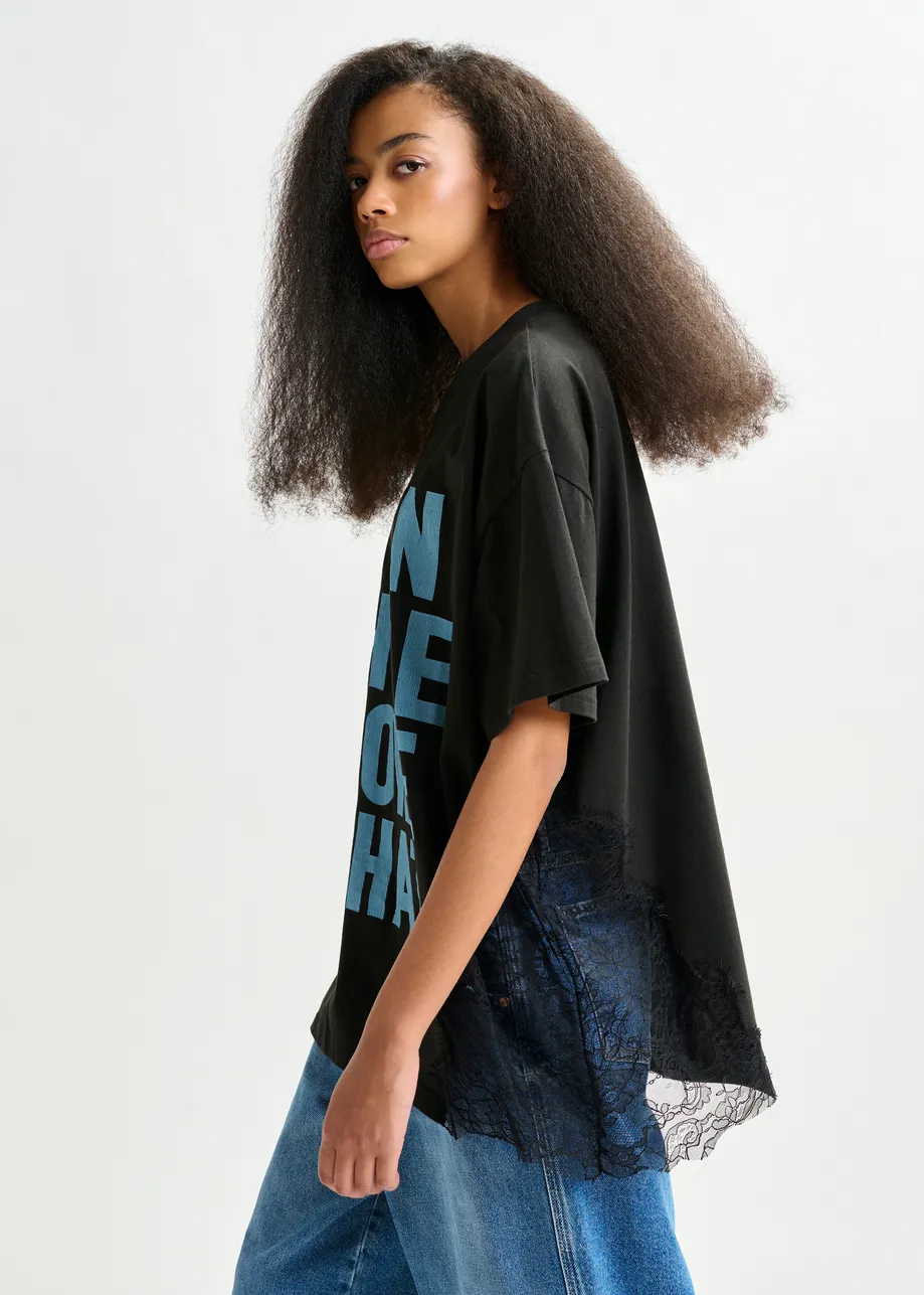 Zwart en blauw T-shirt van grafisch katoen met kanten details