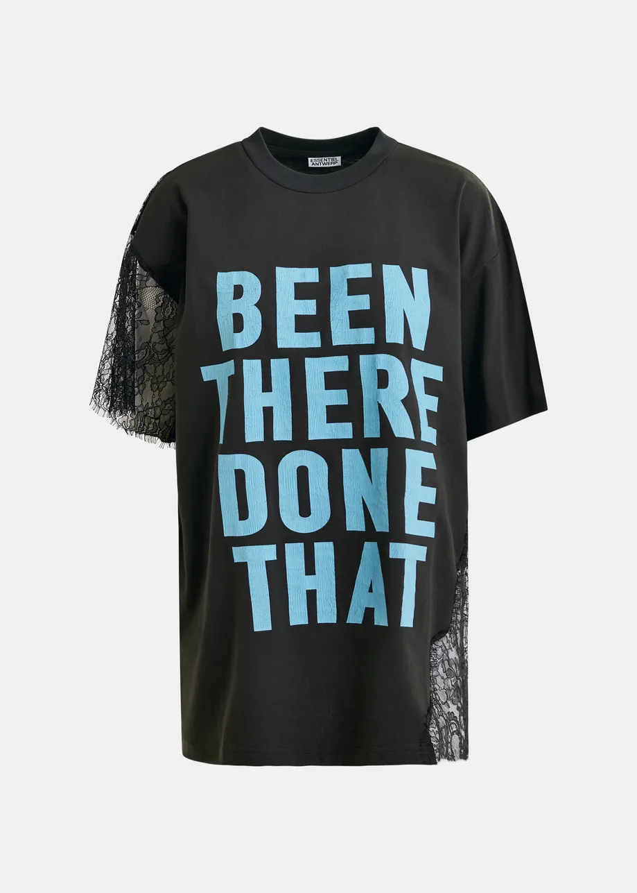 Black and blue graphic cotton T-shirt with lace details