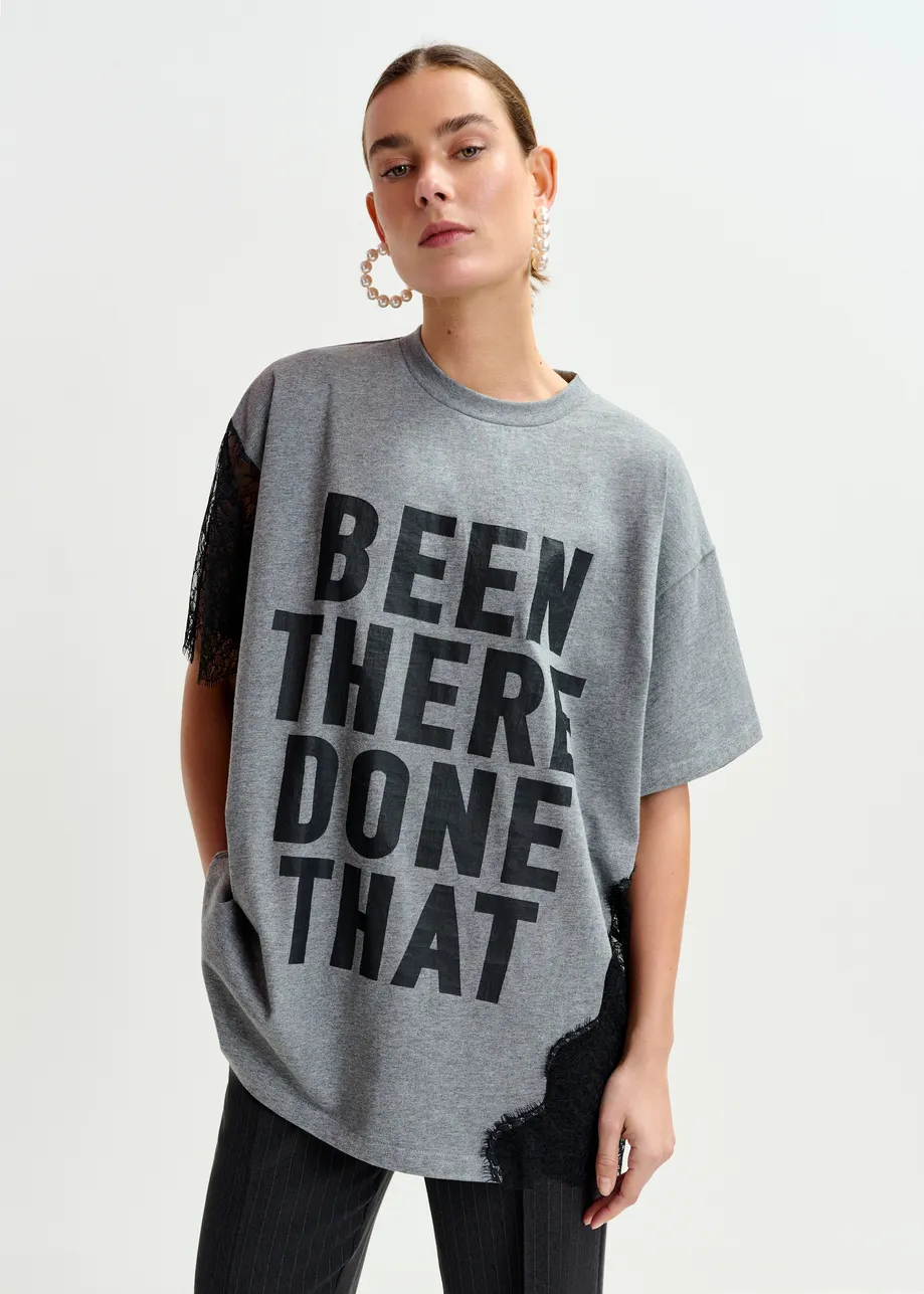 Grey and black graphic cotton T-shirt with lace details