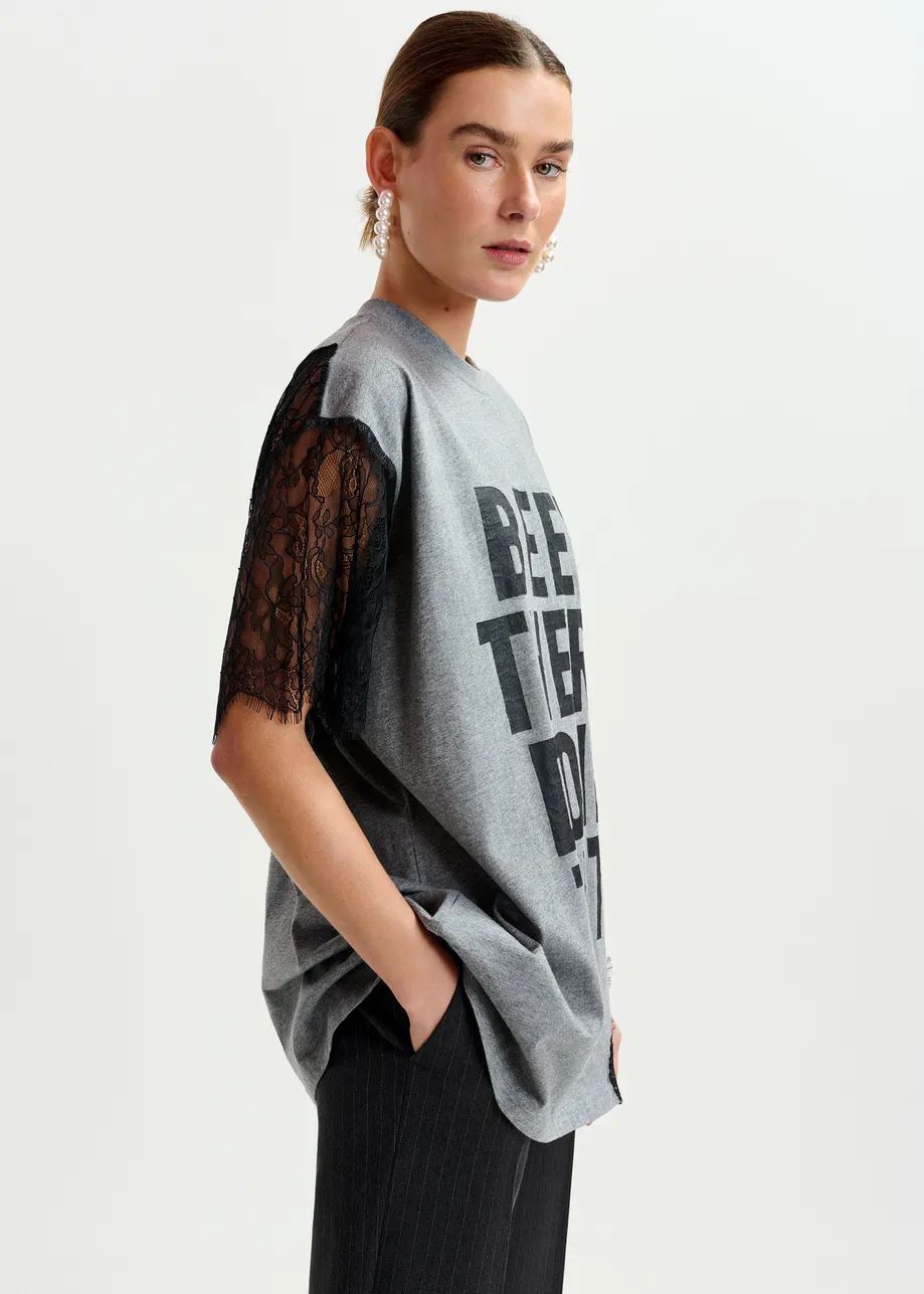Grey and black graphic cotton T-shirt with lace details