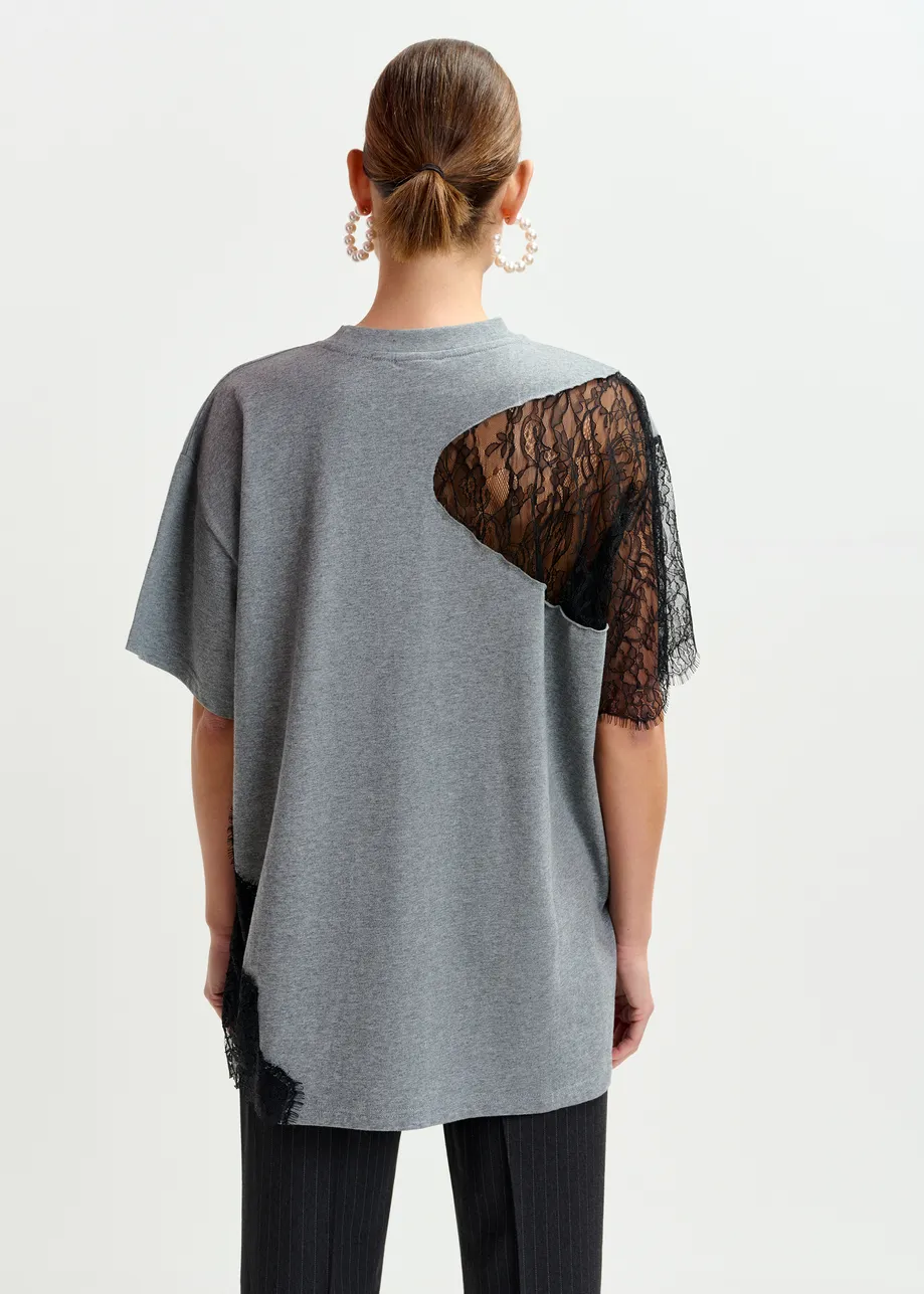 Grey and black graphic cotton T-shirt with lace details