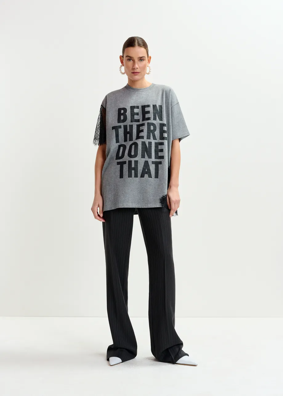 Grey and black graphic cotton T-shirt with lace details