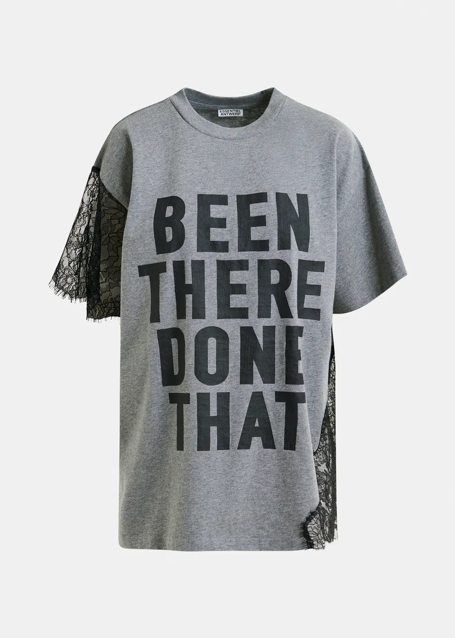 Grey and black graphic cotton T-shirt with lace details