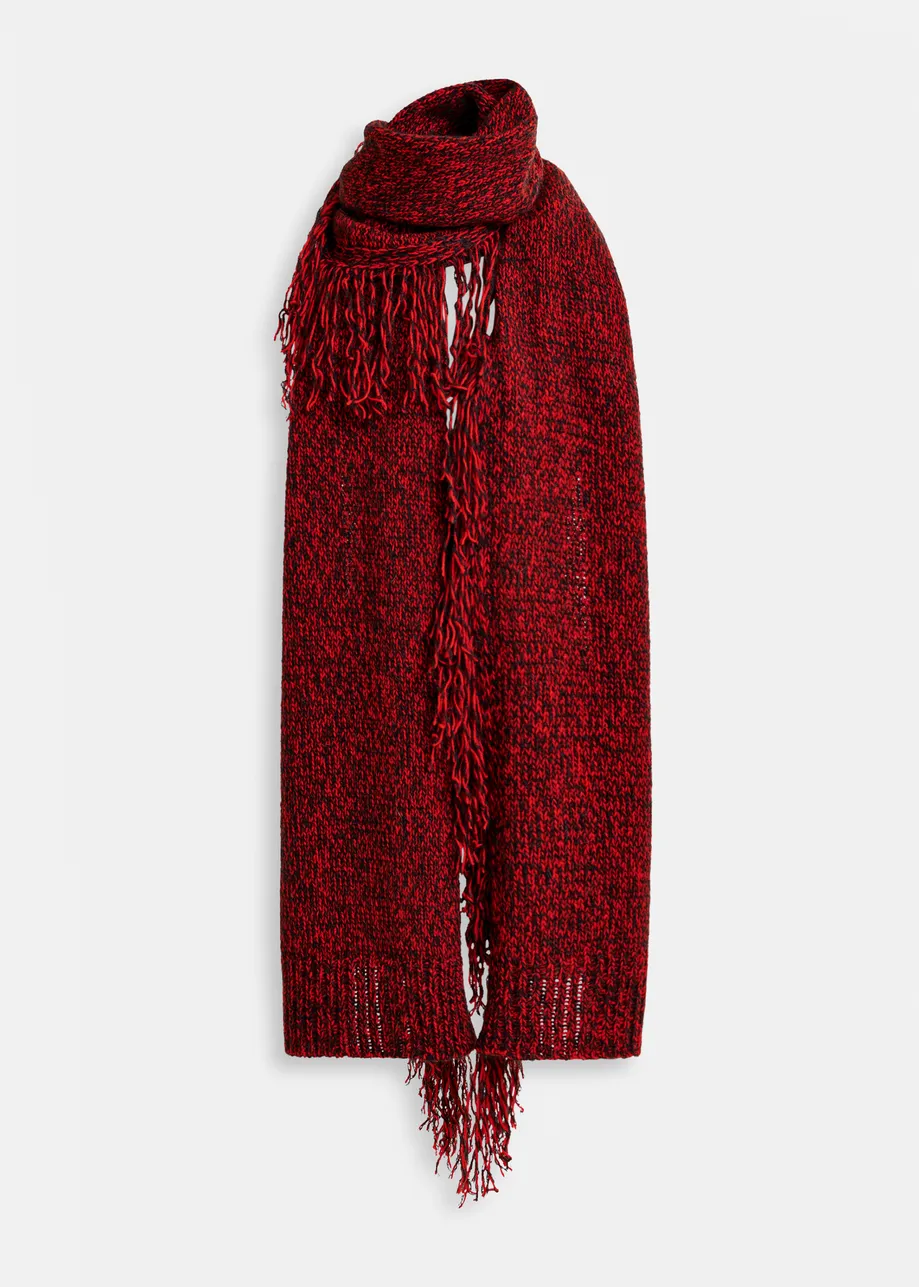 Oversized Schal aus Wollmischgewebe in Dunkelrot und Schwarz mit Fransen