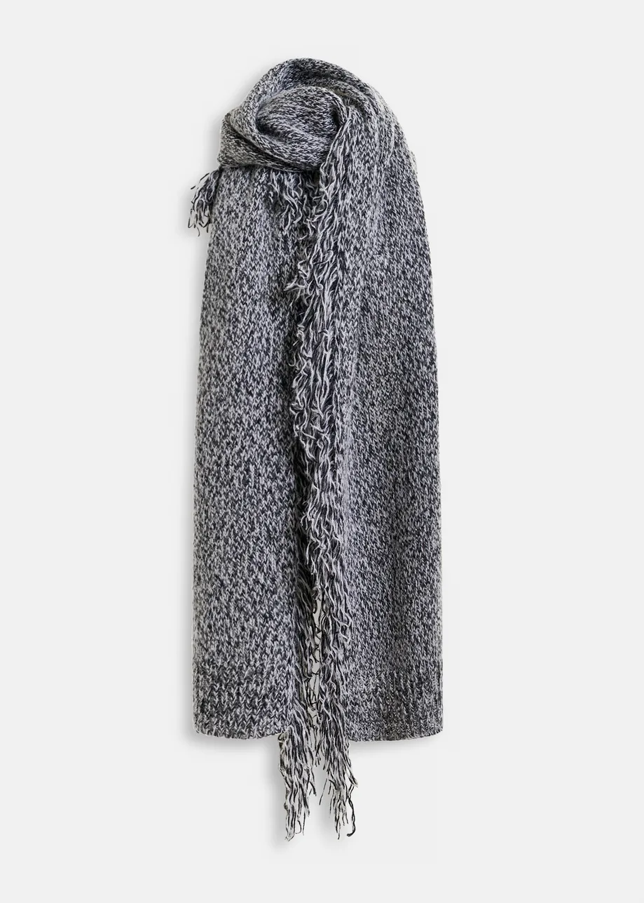 Grey and black oversized wool-blend scarf with fringe details