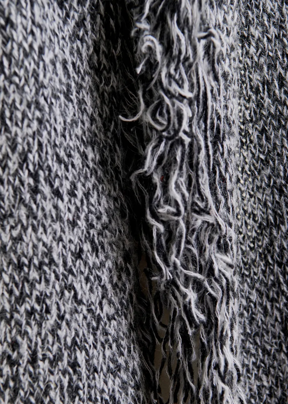 Grey and black oversized wool-blend scarf with fringe details