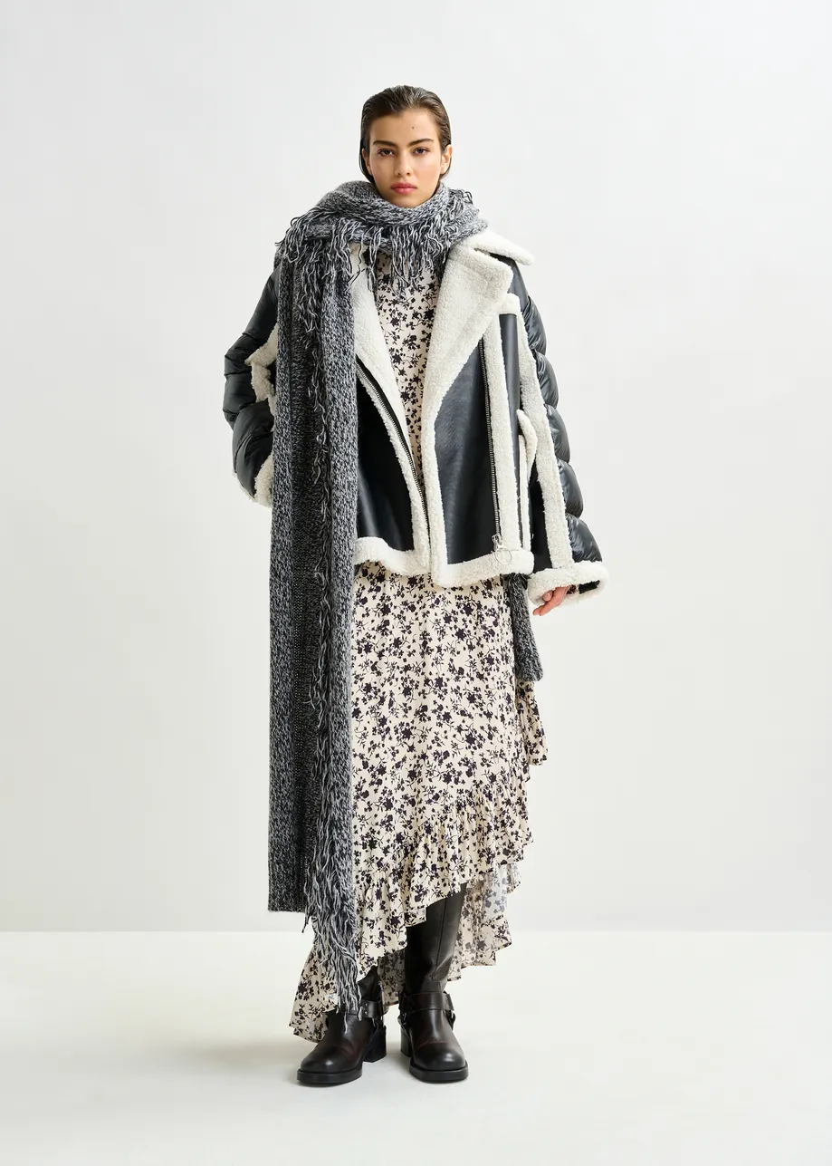 Grey and black oversized wool-blend scarf with fringe details
