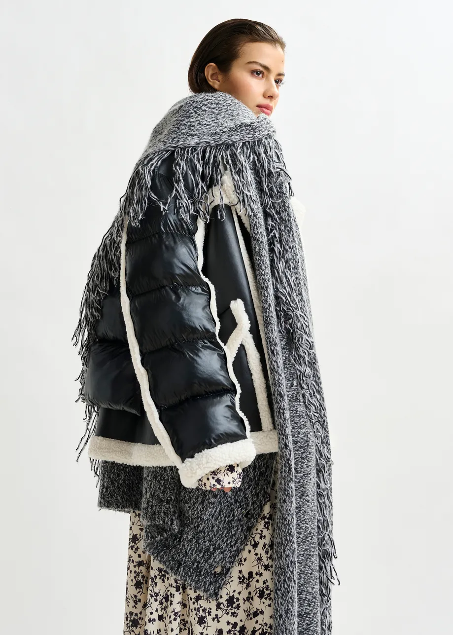 Grey and black oversized wool-blend scarf with fringe details