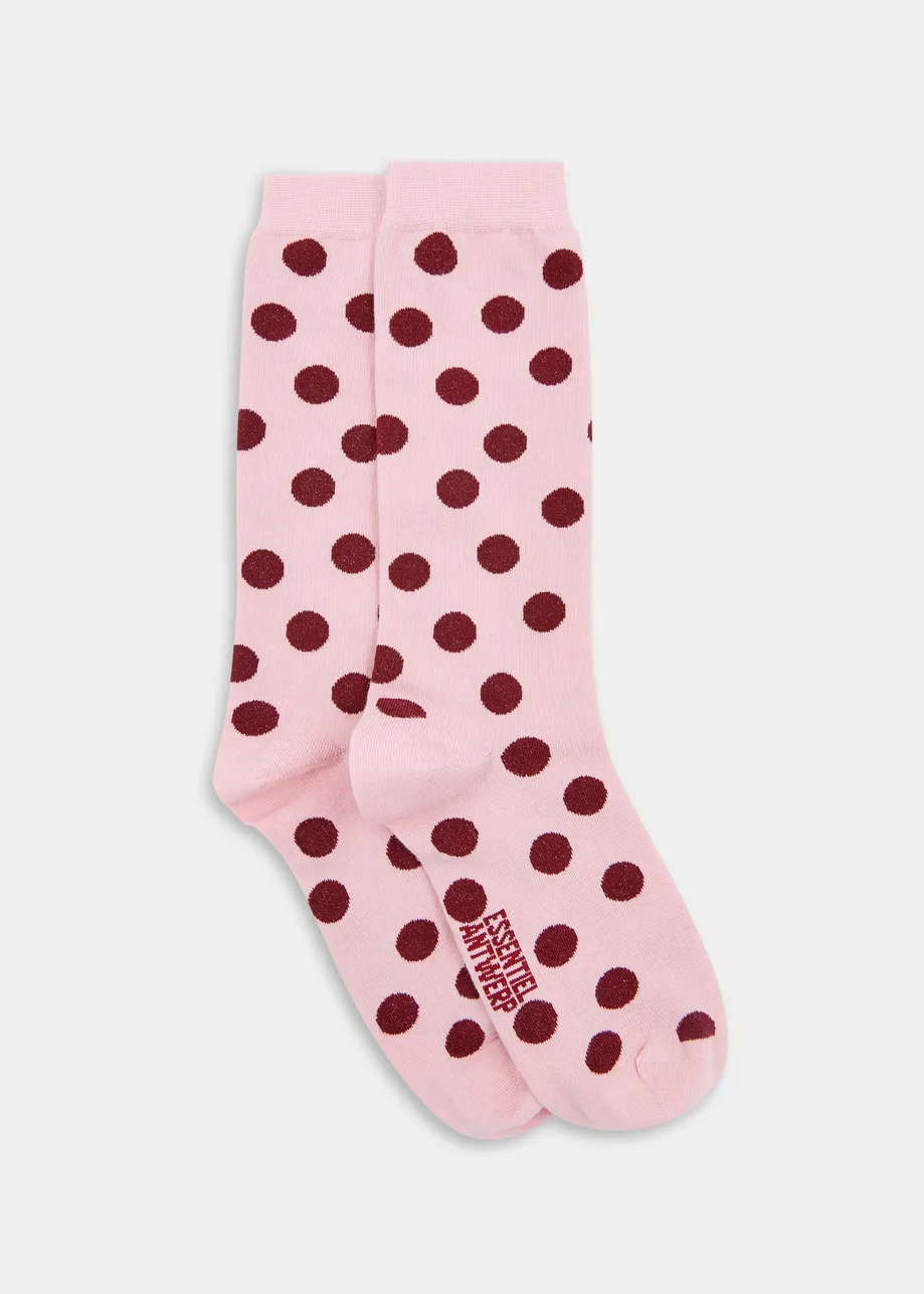 Pink and burgundy polka dot jacquard socks