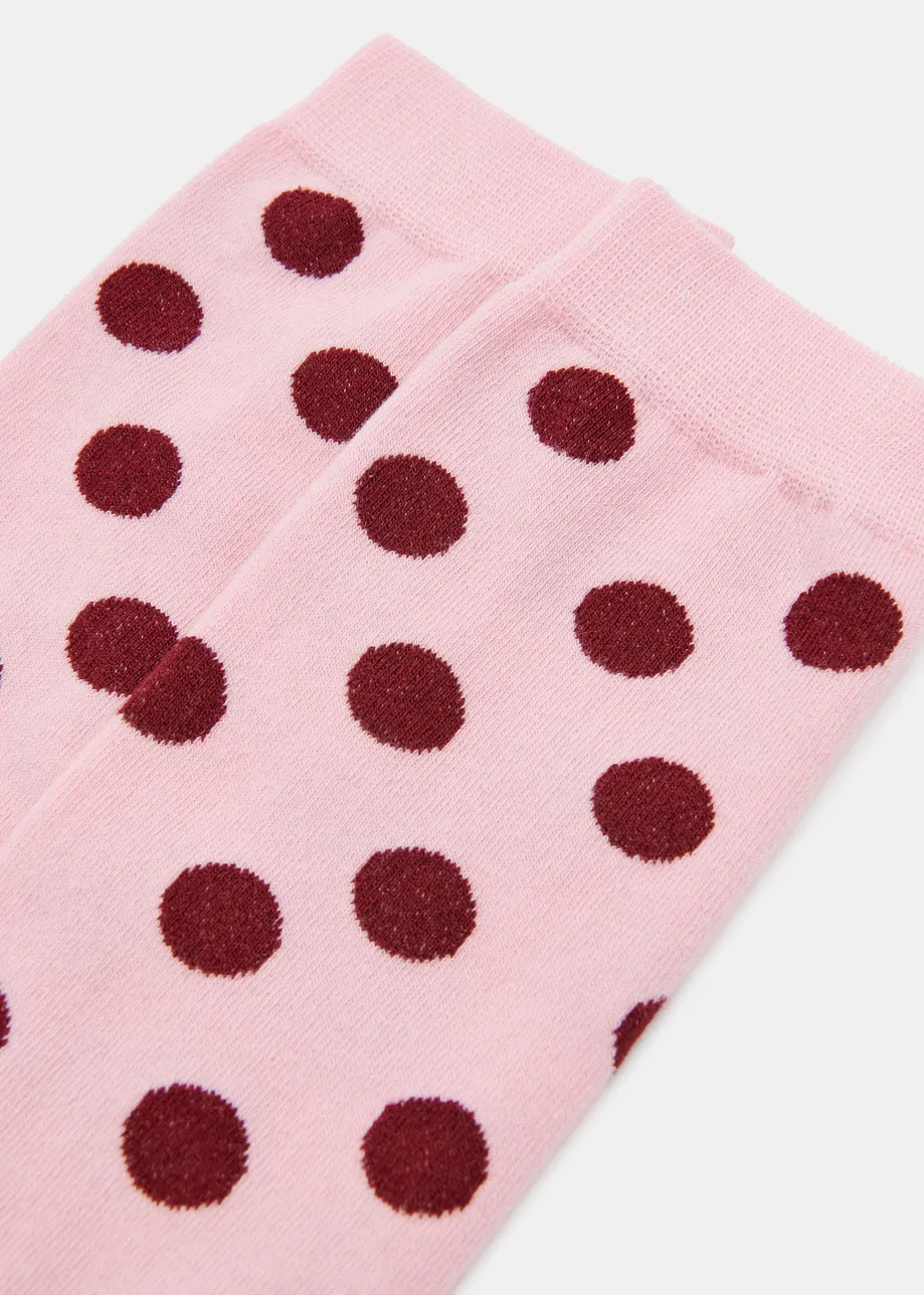 Pink and burgundy polka dot jacquard socks