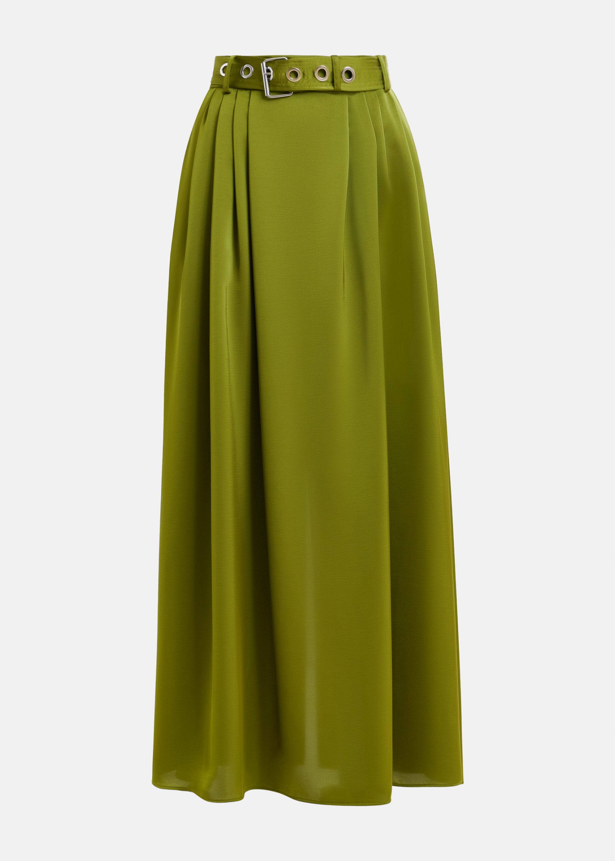 Olive green pleated ankle-length skirt with belted waist