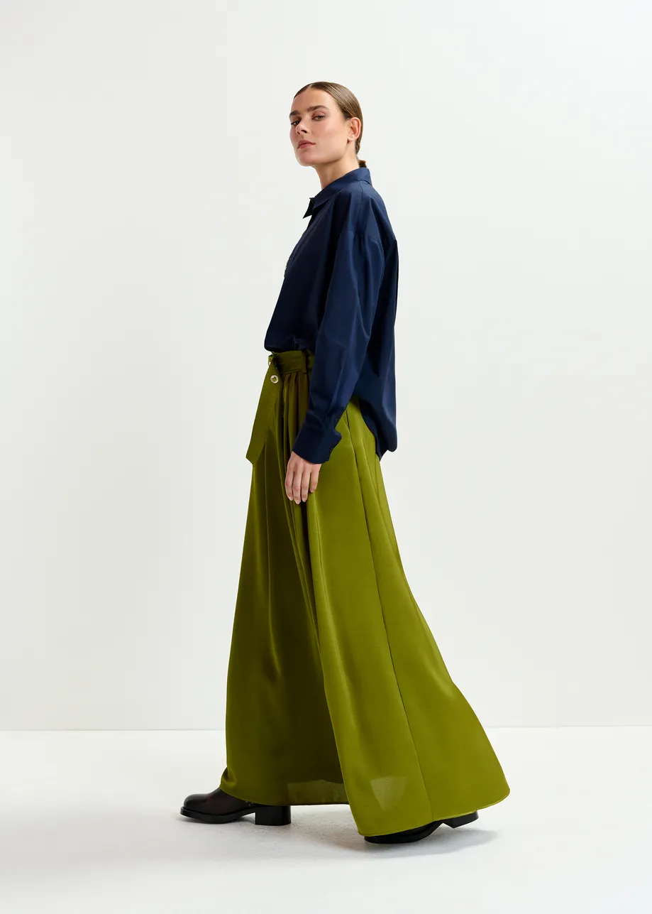 Olive green pleated akle-length skirt with belted waist