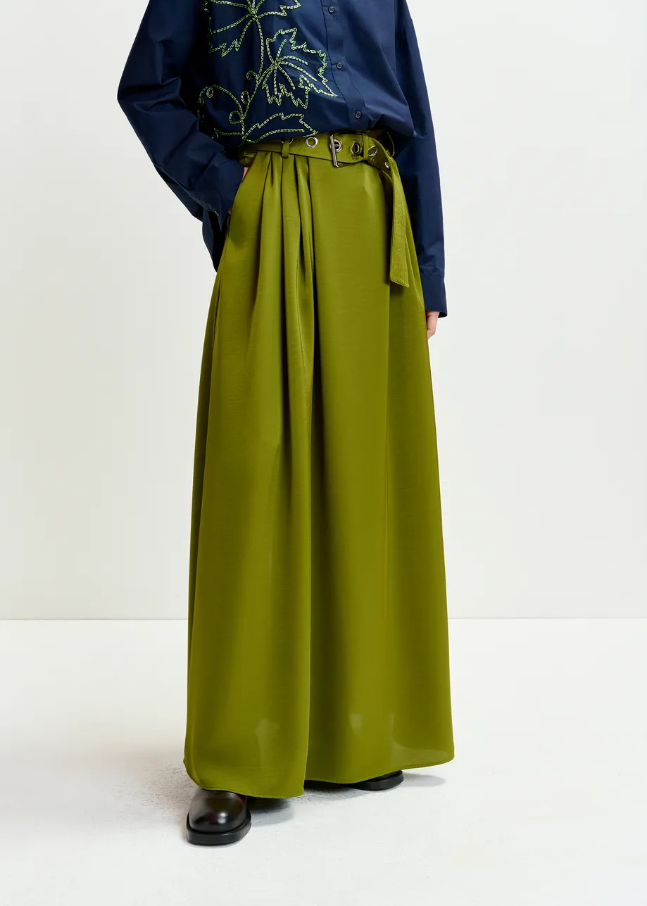 Olive green pleated akle-length skirt with belted waist