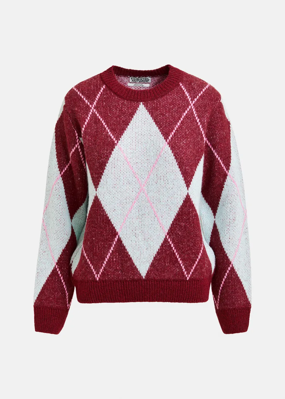 Burgundy, light blue and pink argyle sweater