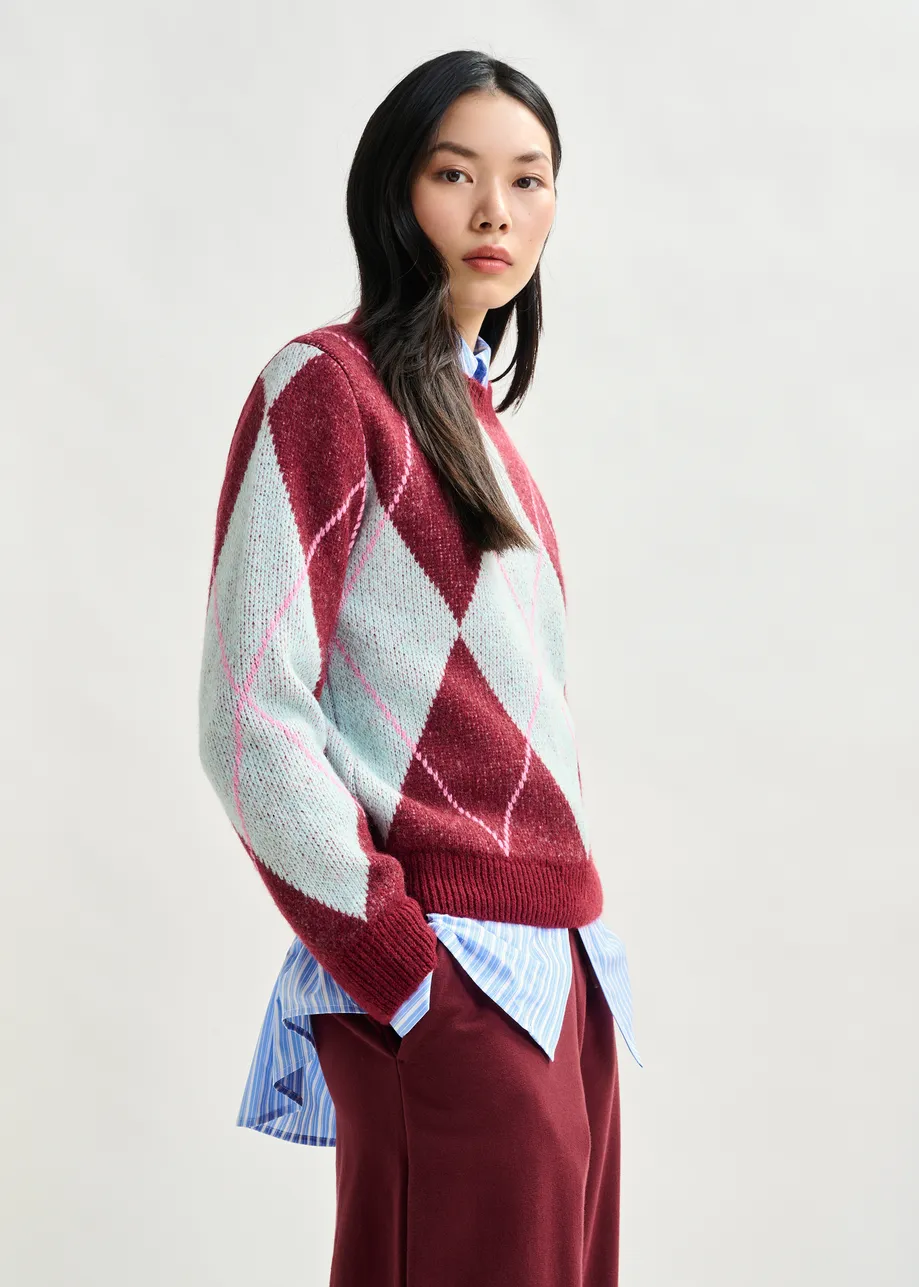 Burgundy, light blue and pink argyle sweater