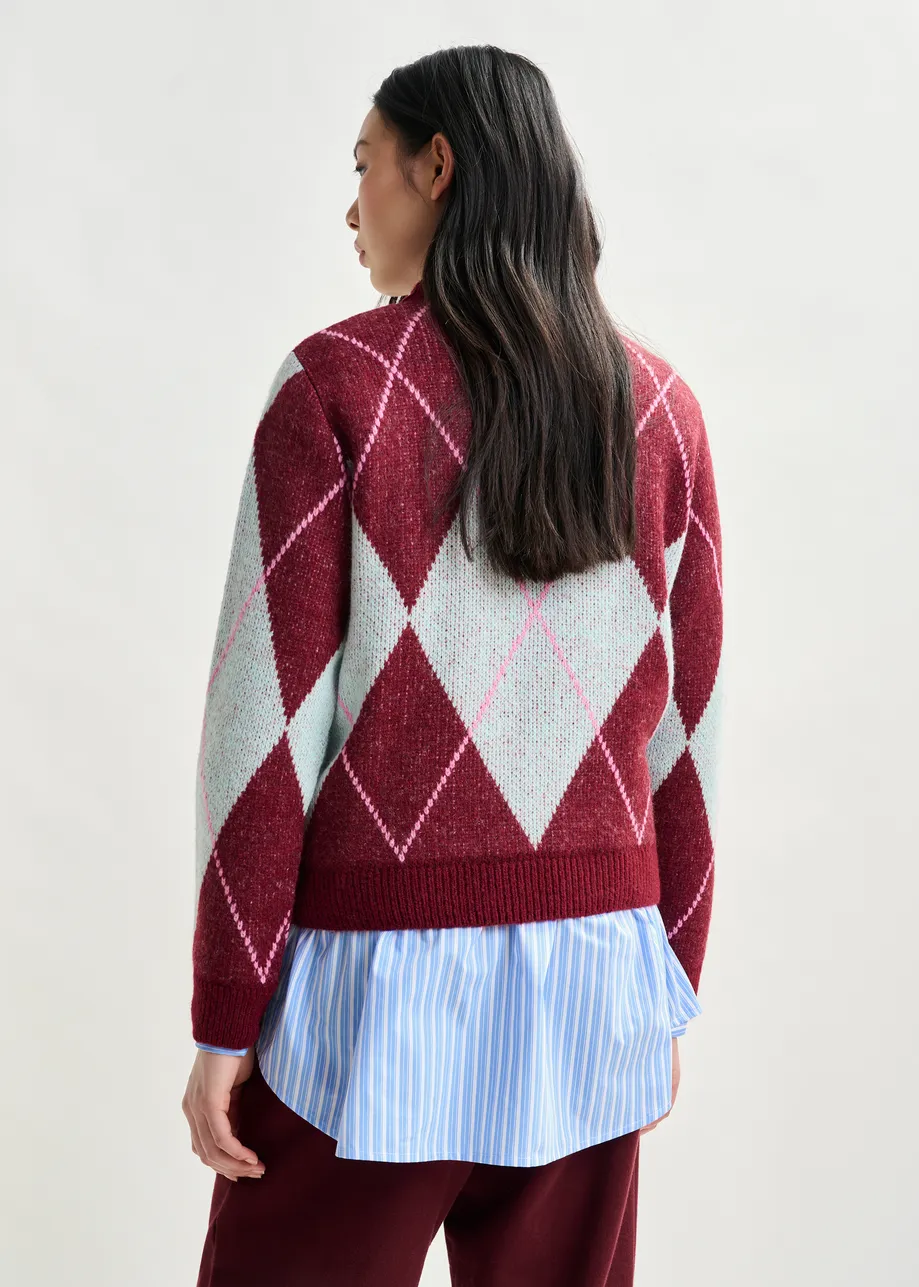 Burgundy, light blue and pink argyle sweater