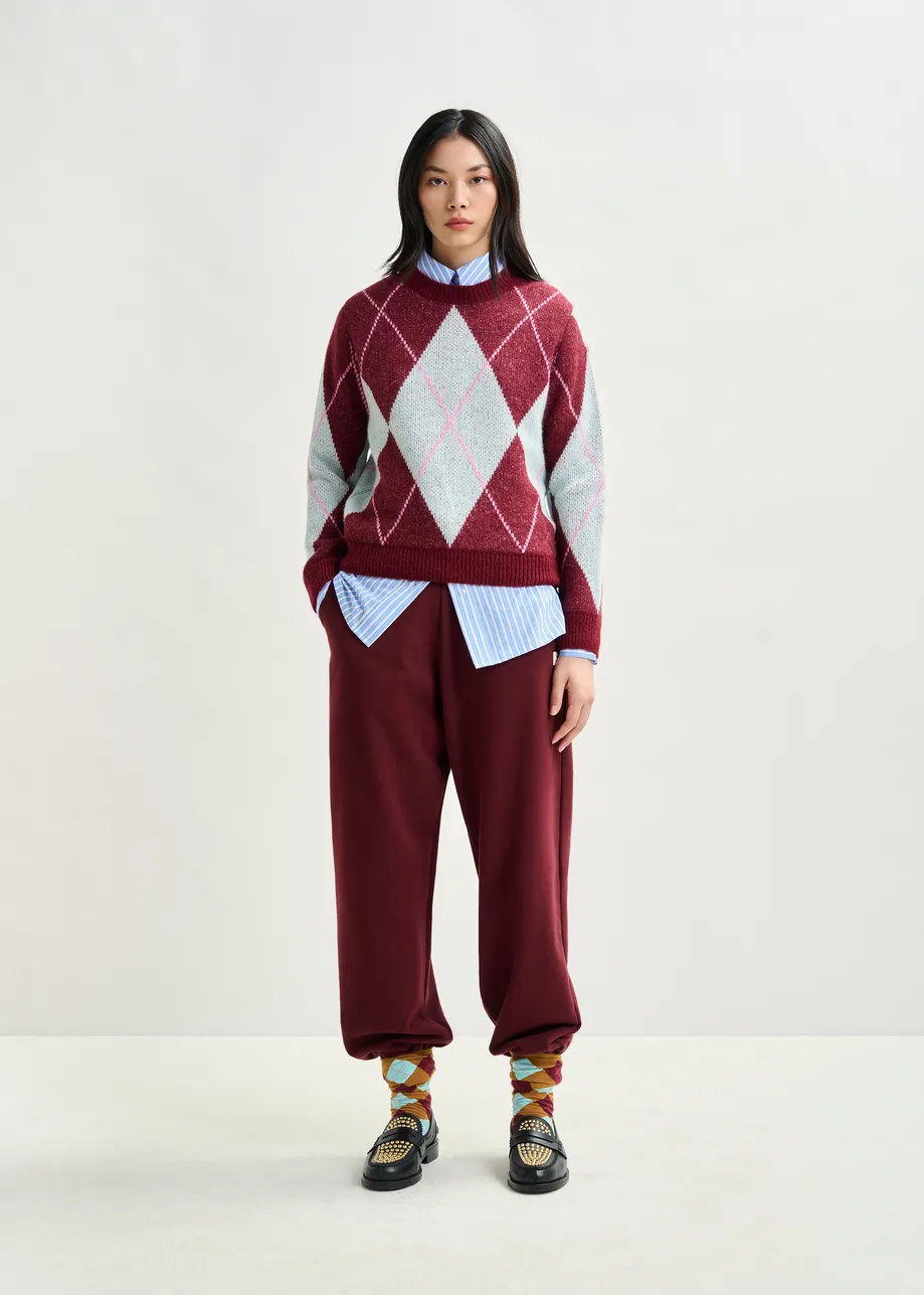Burgundy, light blue and pink argyle sweater