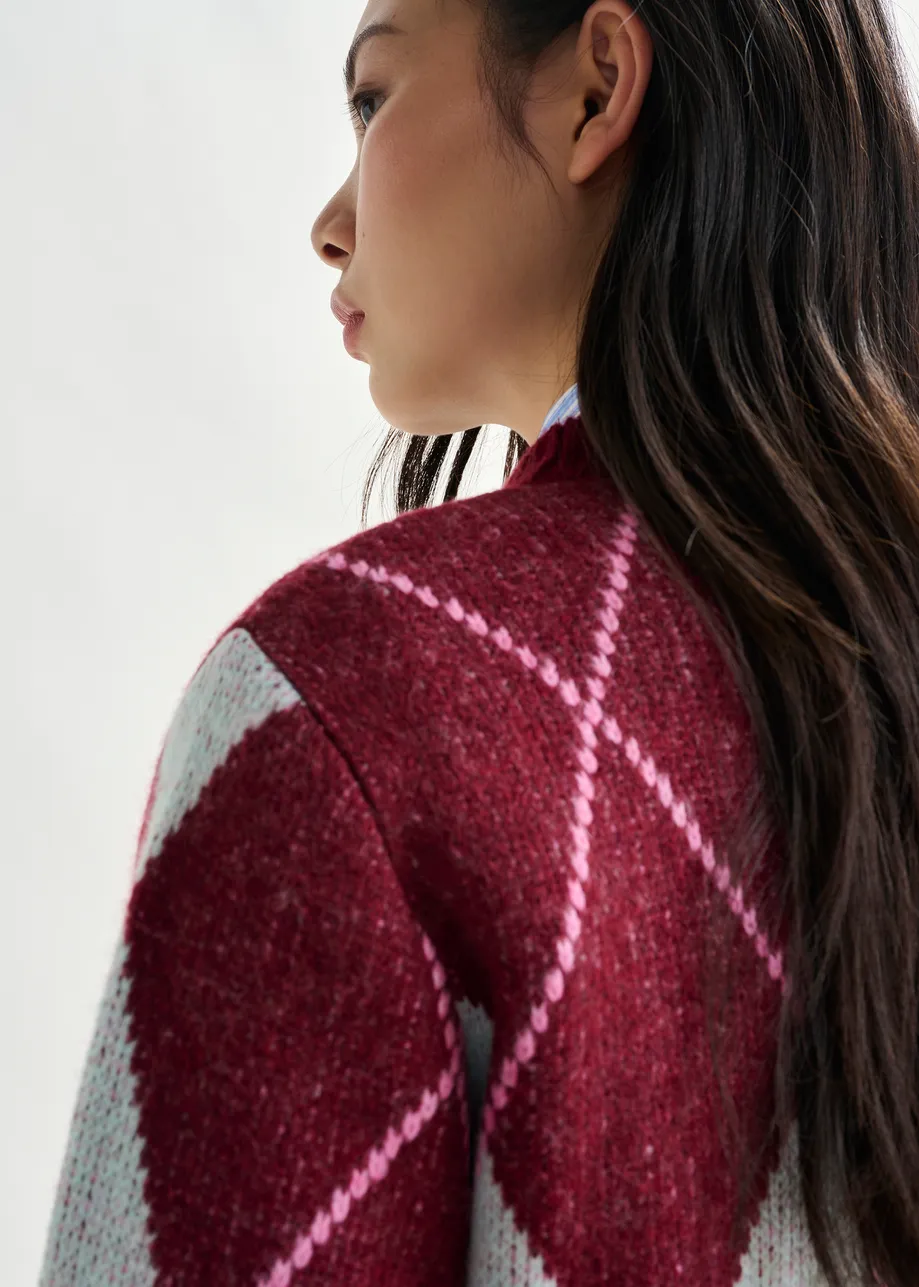 Burgundy, light blue and pink argyle sweater