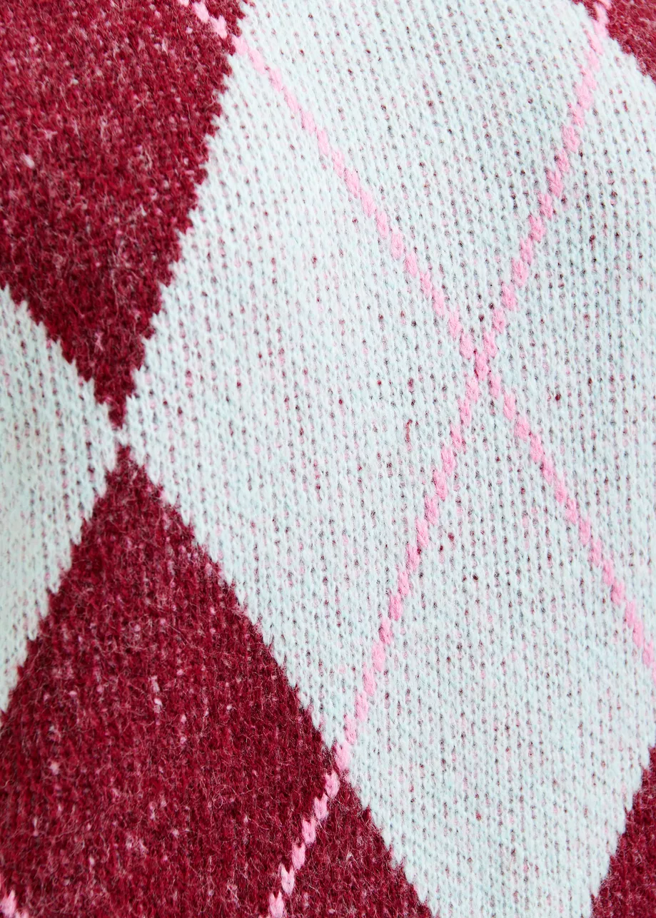 Burgundy, light blue and pink argyle sweater