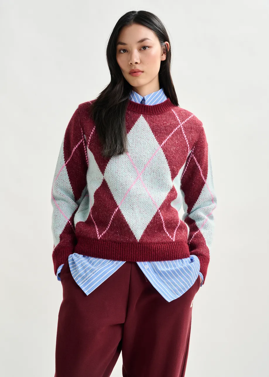 Burgundy, light blue and pink argyle sweater