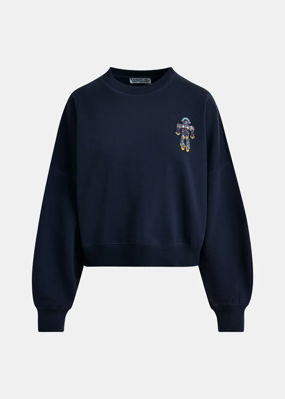 Marineblauwe katoenen sweater met veelkleurige pailletten