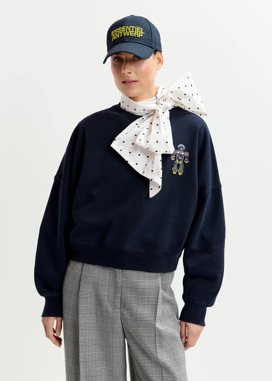 Marineblauwe katoenen sweater met veelkleurige pailletten
