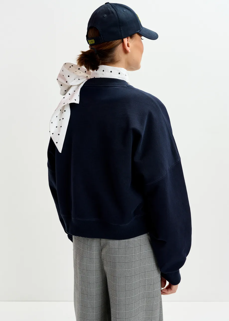 Marineblauwe katoenen sweater met veelkleurige pailletten