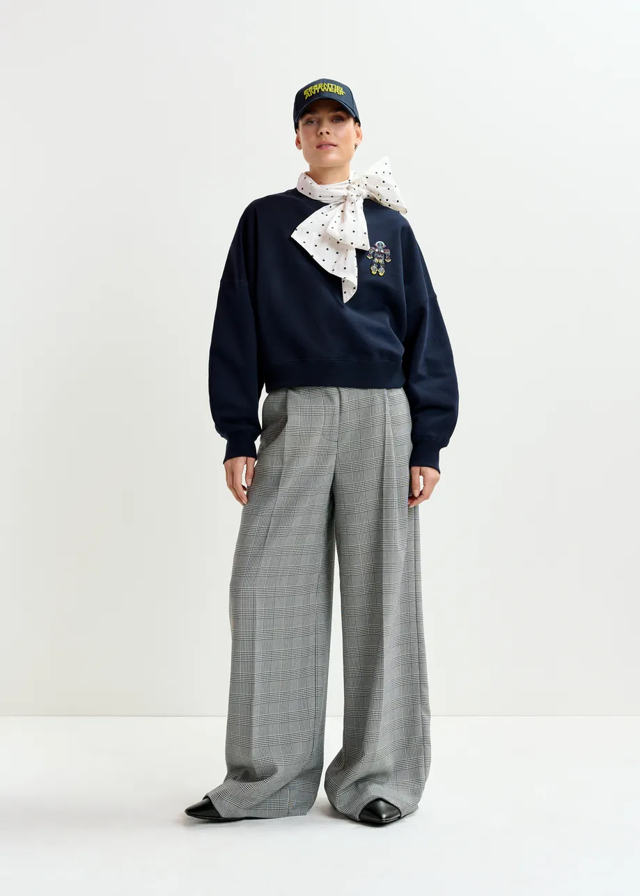 Marineblauwe katoenen sweater met veelkleurige pailletten