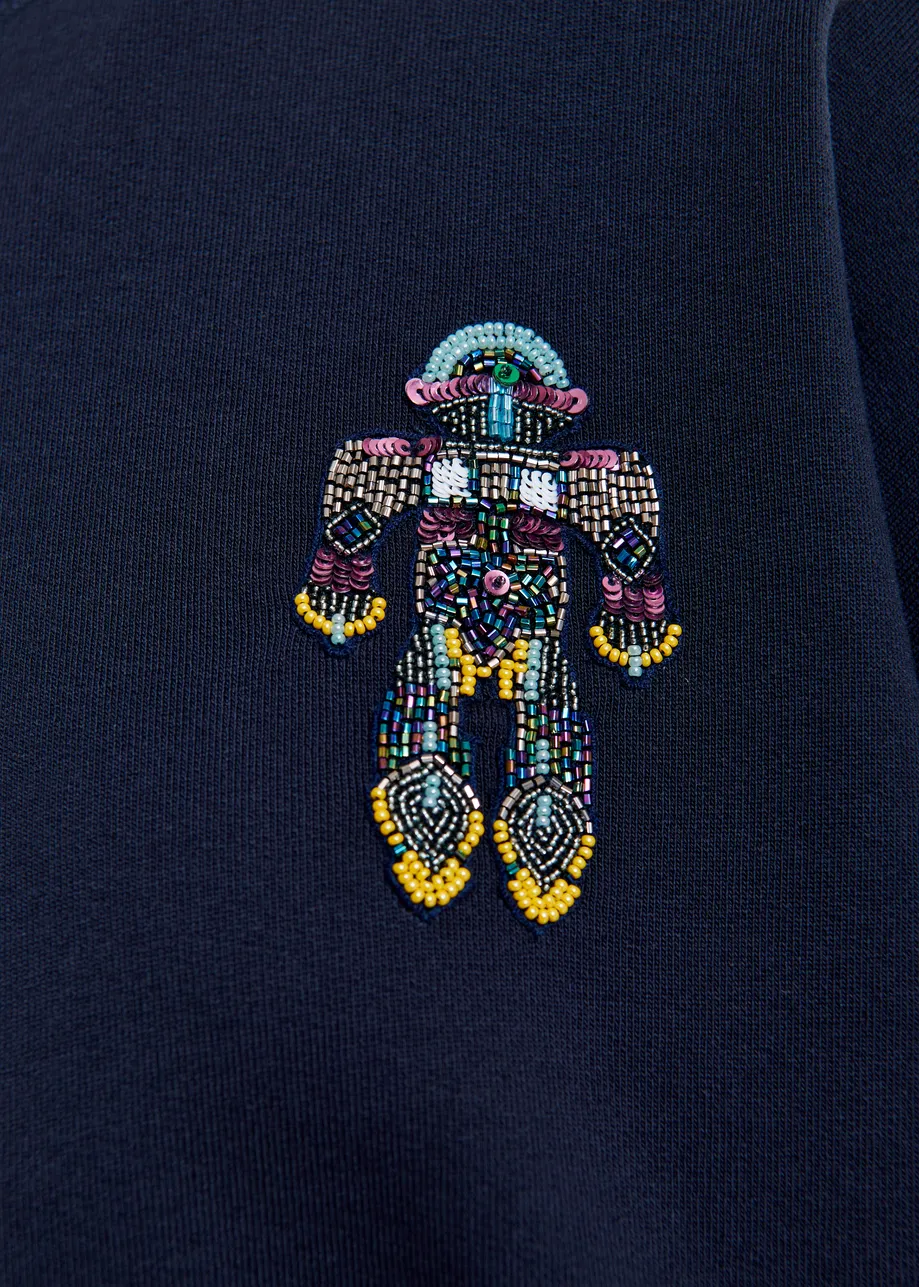 Marineblauwe katoenen sweater met veelkleurige pailletten