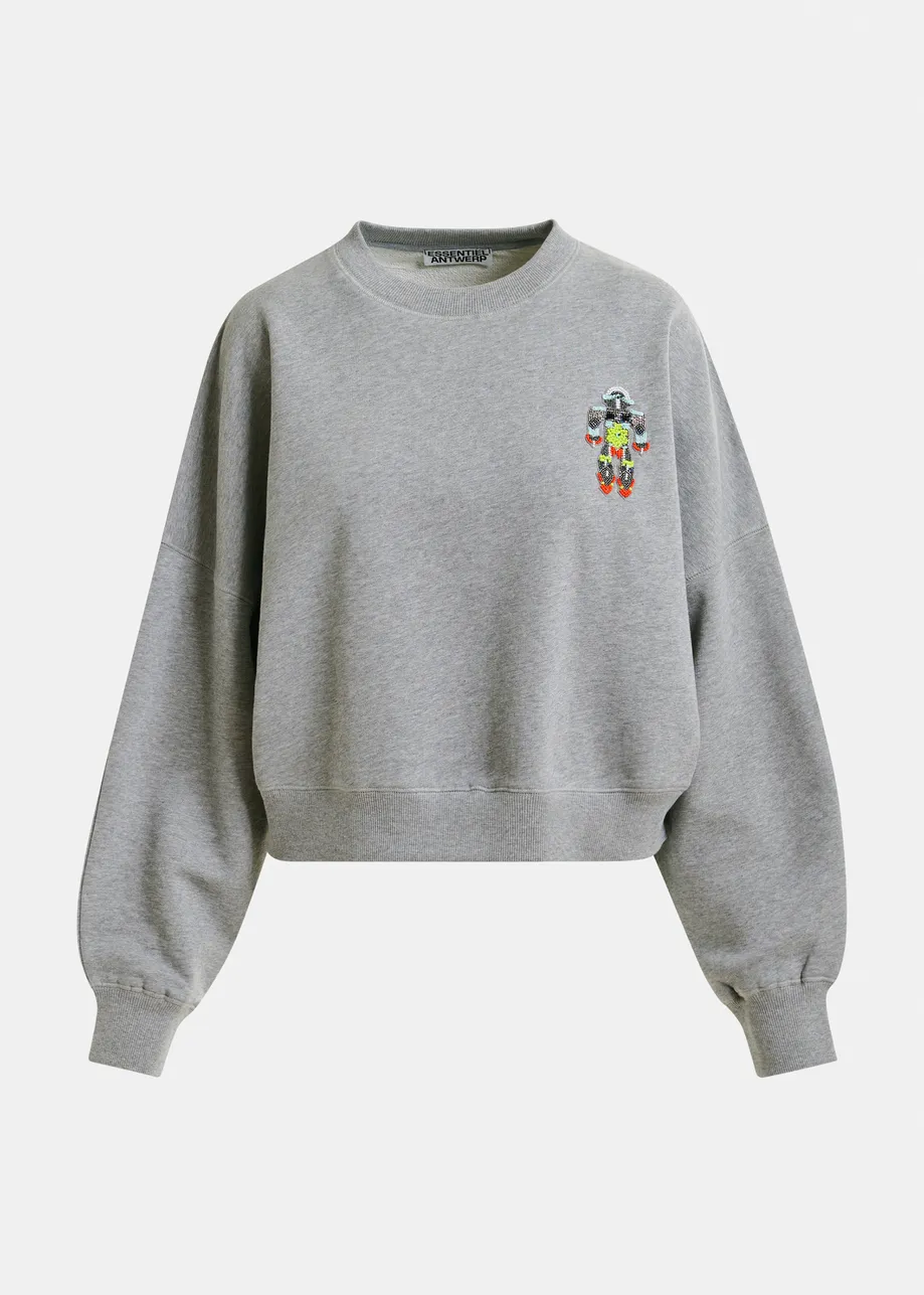 Grye and multicolor cotton sweatshrit with sequin and bead-embroidery