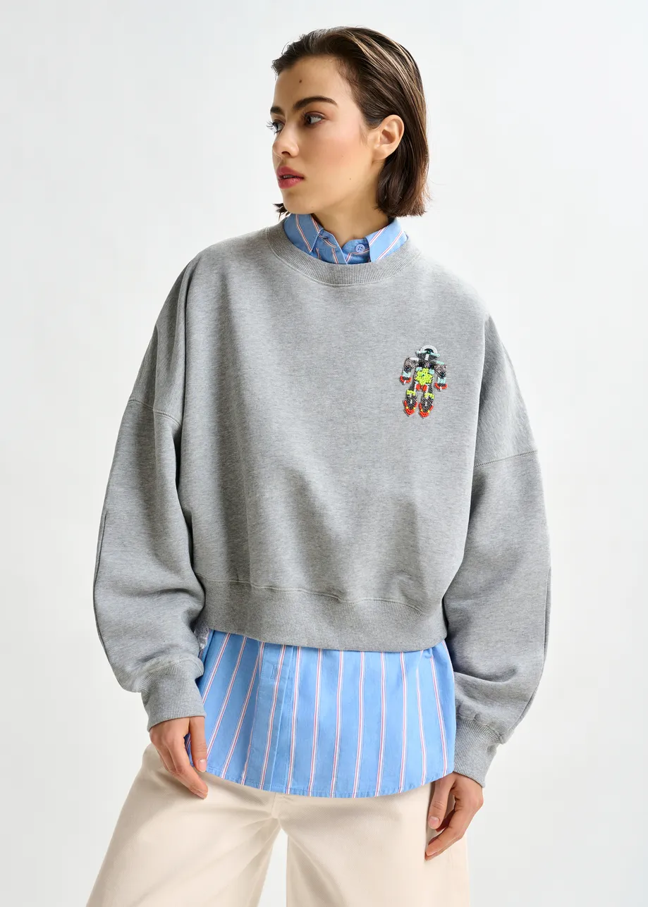 Grye and multicolor cotton sweatshrit with sequin and bead-embroidery