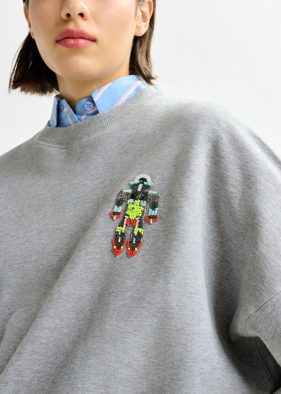 Grye and multicolor cotton sweatshrit with sequin and bead-embroidery