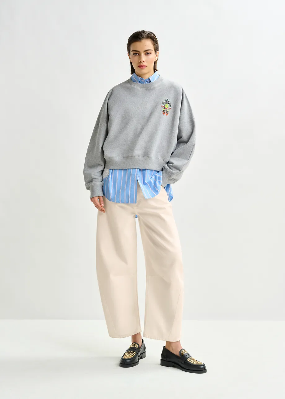 Grye and multicolor cotton sweatshrit with sequin and bead-embroidery