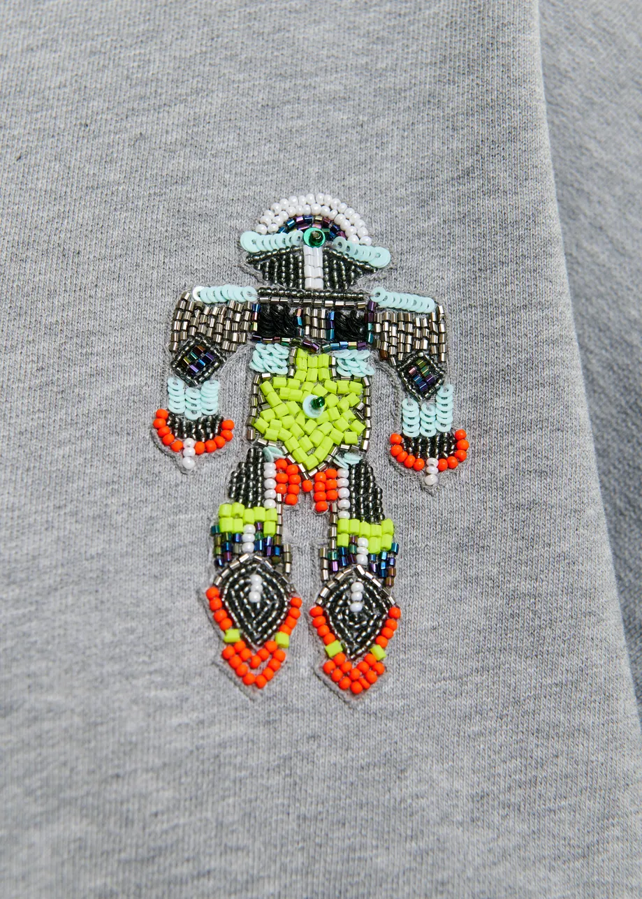 Grye and multicolor cotton sweatshrit with sequin and bead-embroidery
