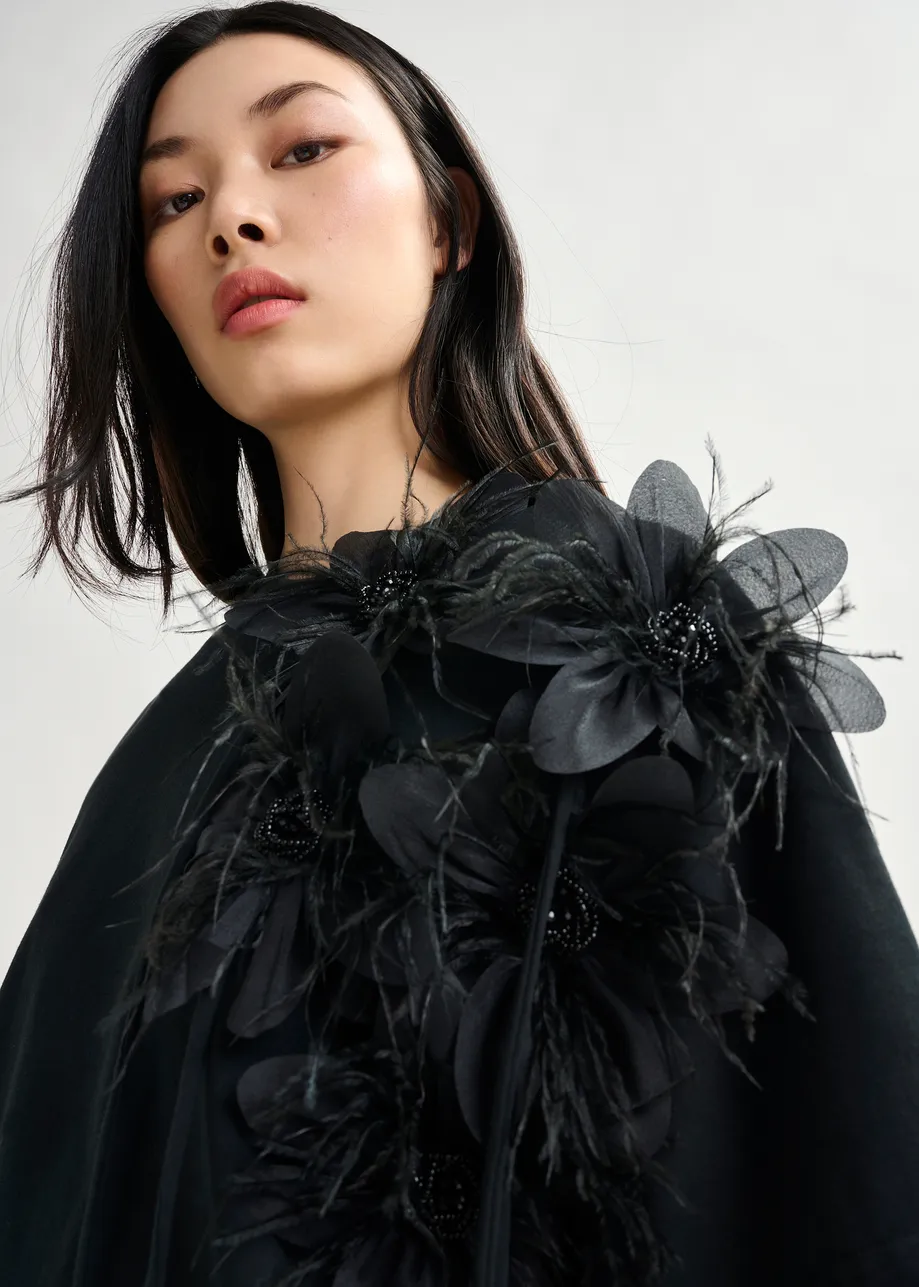Black cotton T-shirt with floral detail