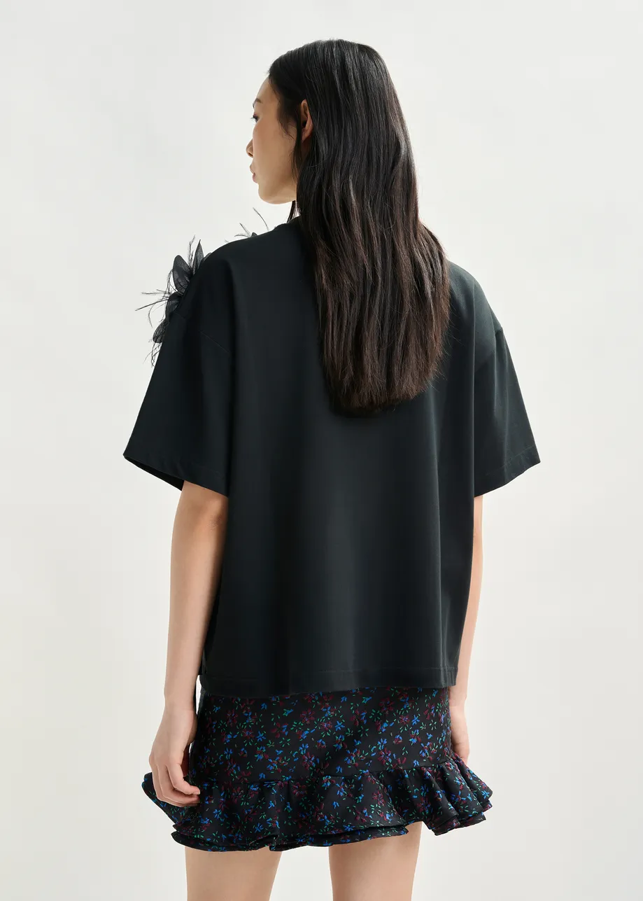 Black cotton T-shirt with floral detail