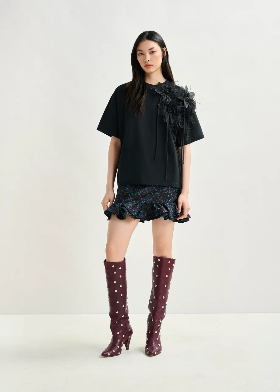 Black cotton T-shirt with floral detail