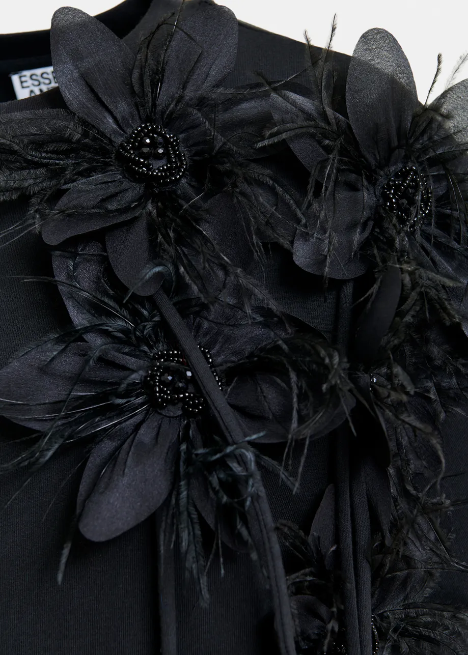 Black cotton T-shirt with floral detail