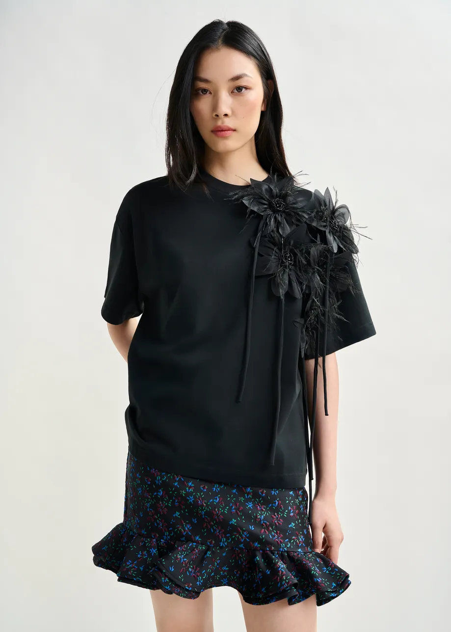 Black cotton T-shirt with floral detail