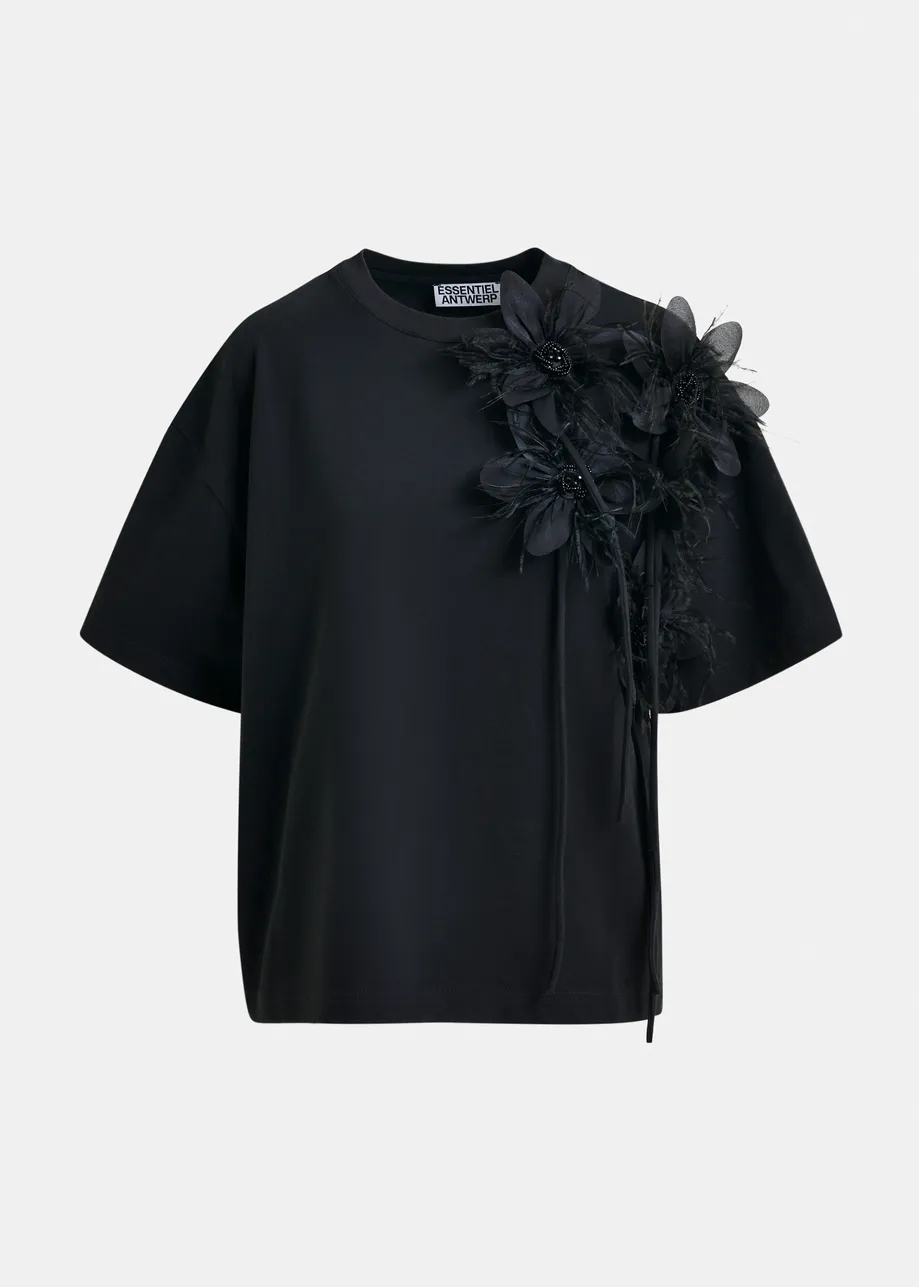 Black cotton T-shirt with floral detail