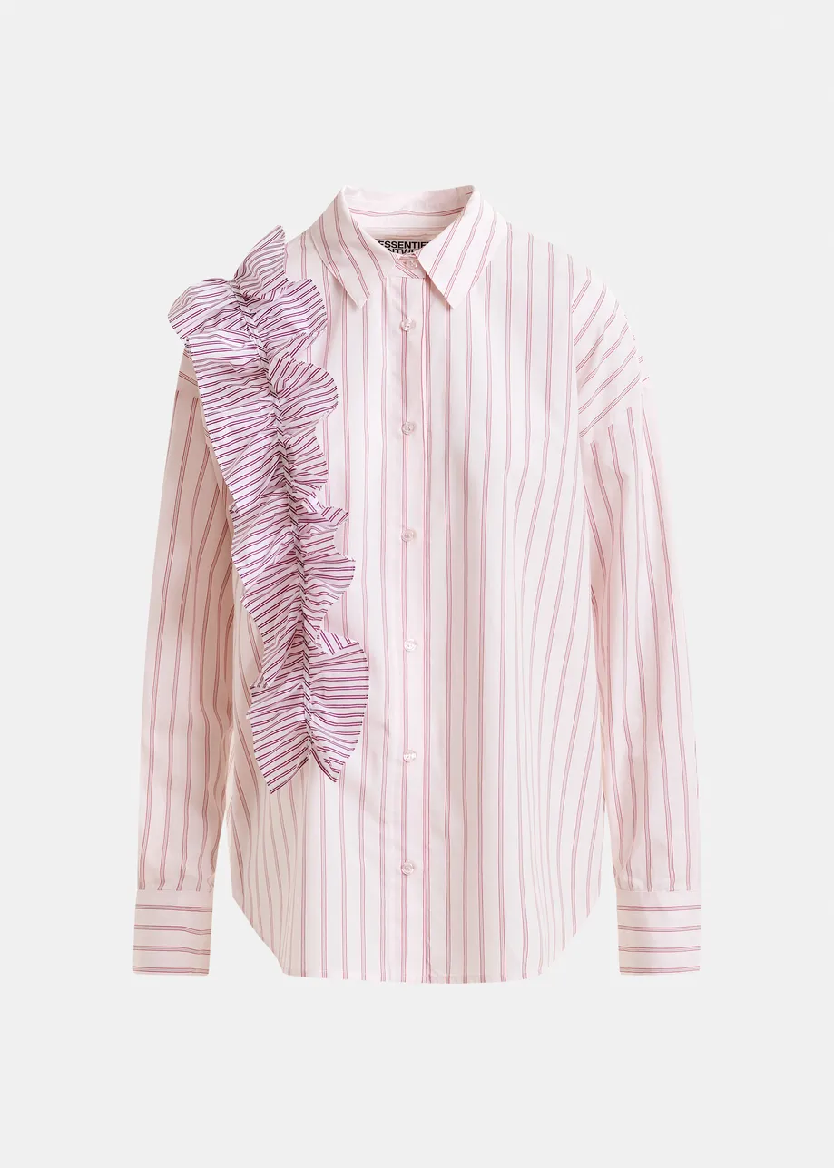 Off-white and red striped cotton shirt with ruffle detail