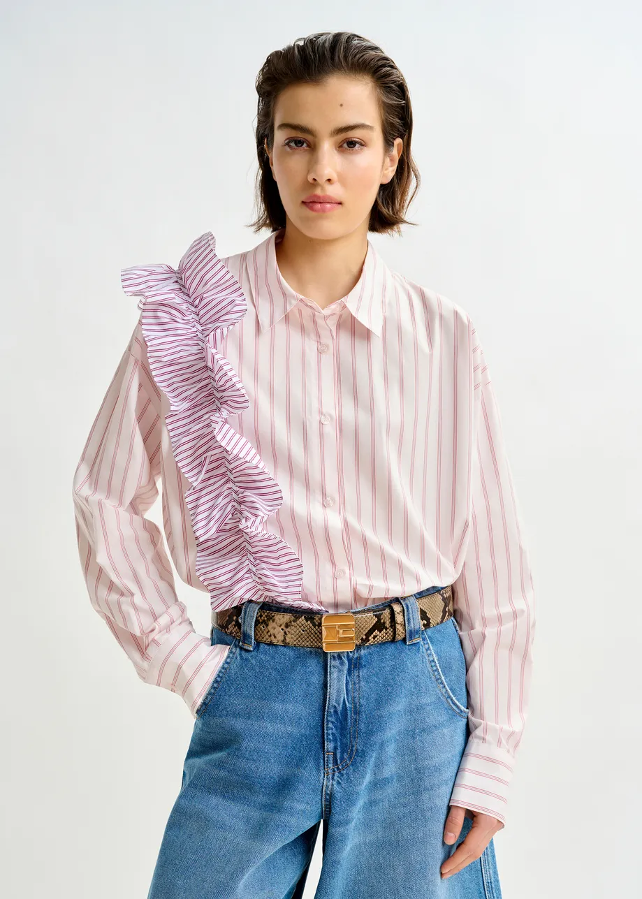Off-white and red striped cotton shirt with ruffle detail